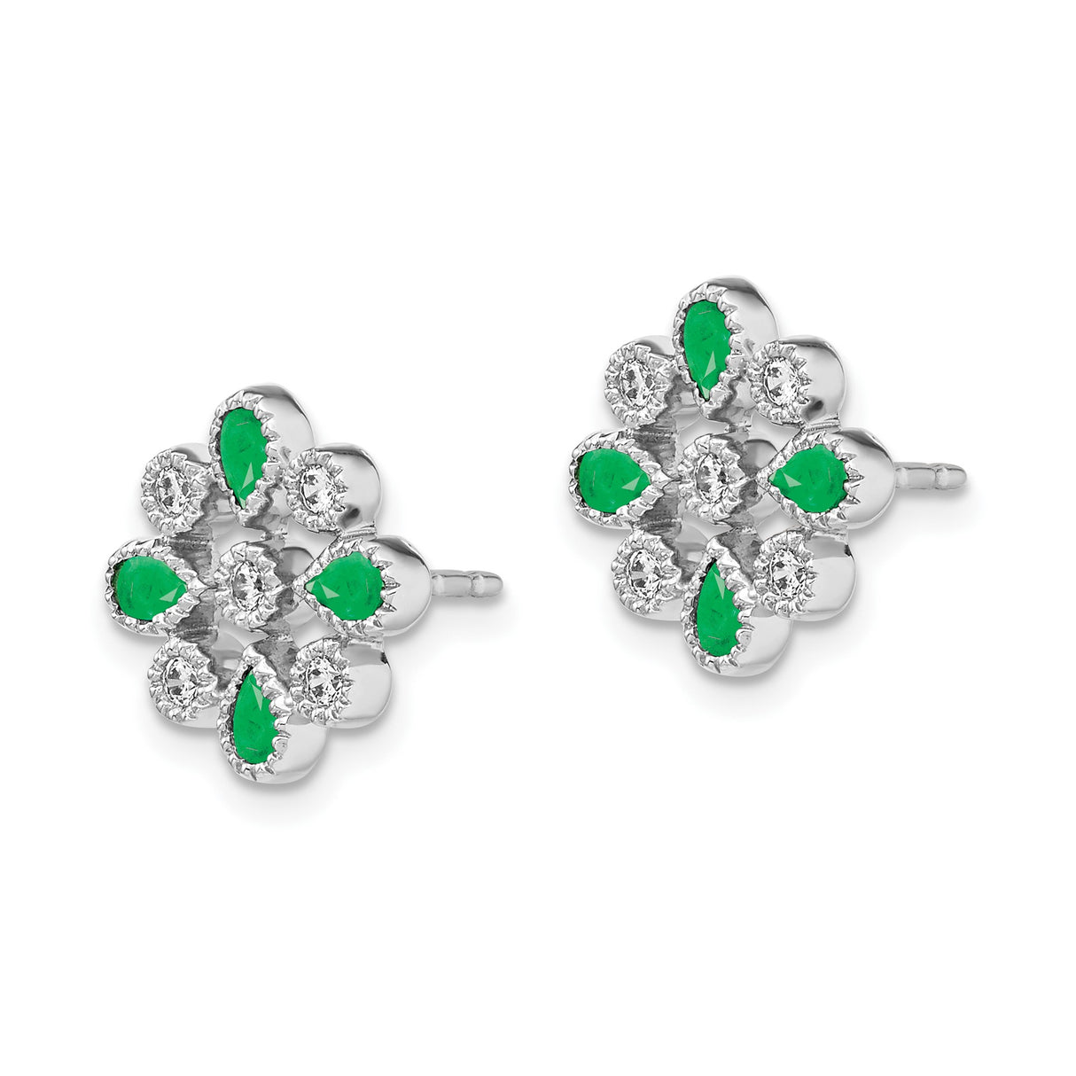14k White Gold Stud Earrings with Pear Shaped Emeralds and Round Diamonds in Floral Design