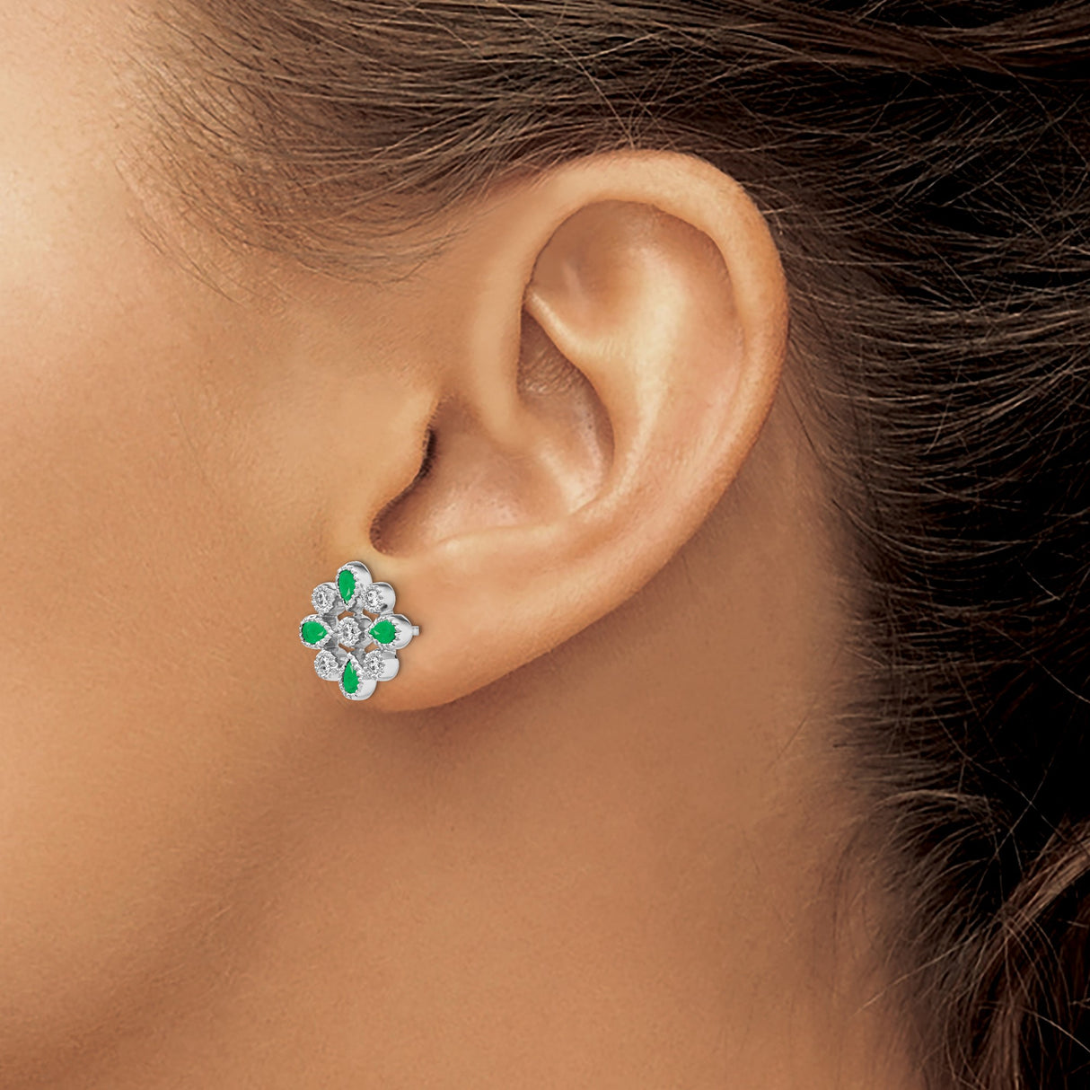 14k White Gold Stud Earrings with Pear Shaped Emeralds and Round Diamonds in Floral Design
