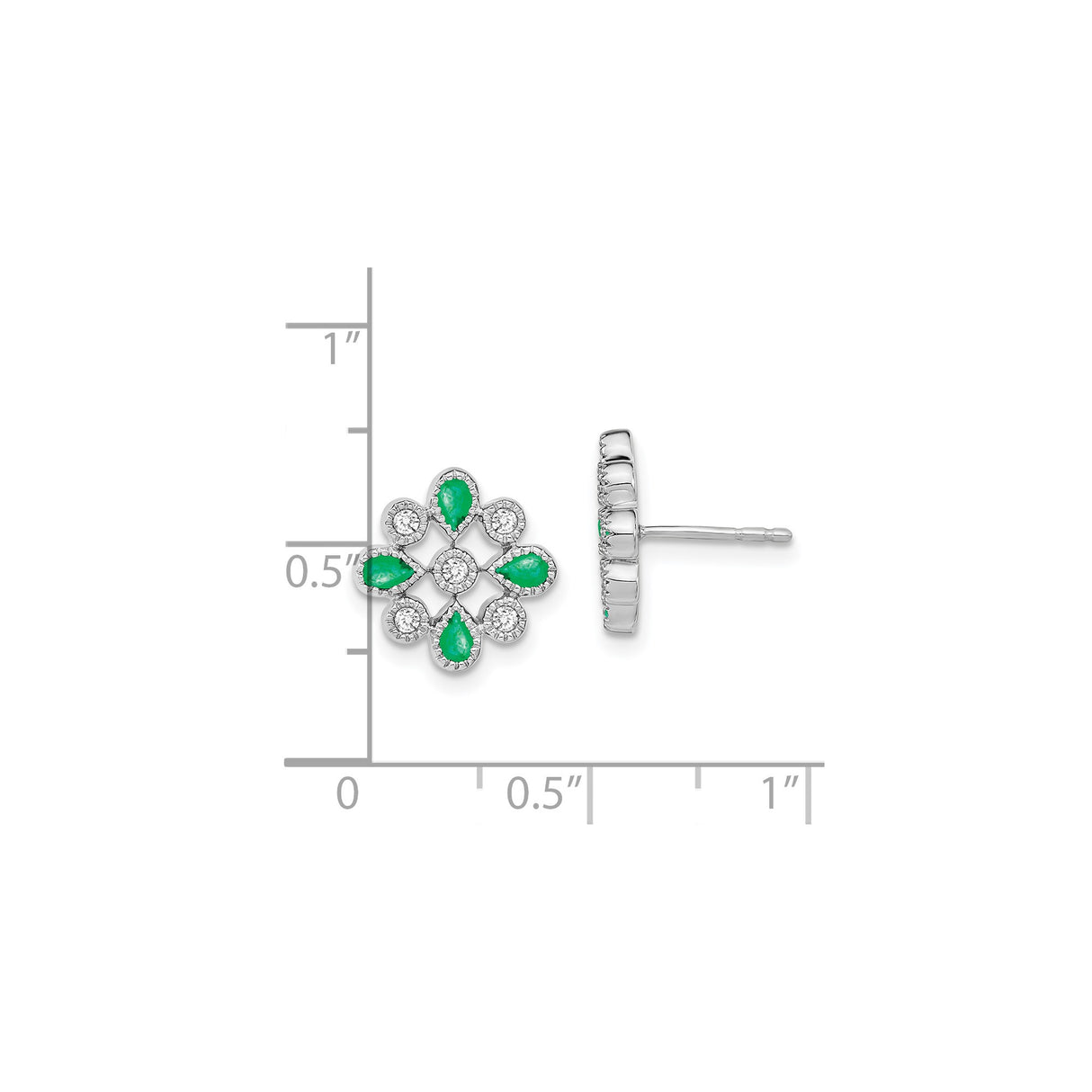 14k White Gold Stud Earrings with Pear Shaped Emeralds and Round Diamonds in Floral Design