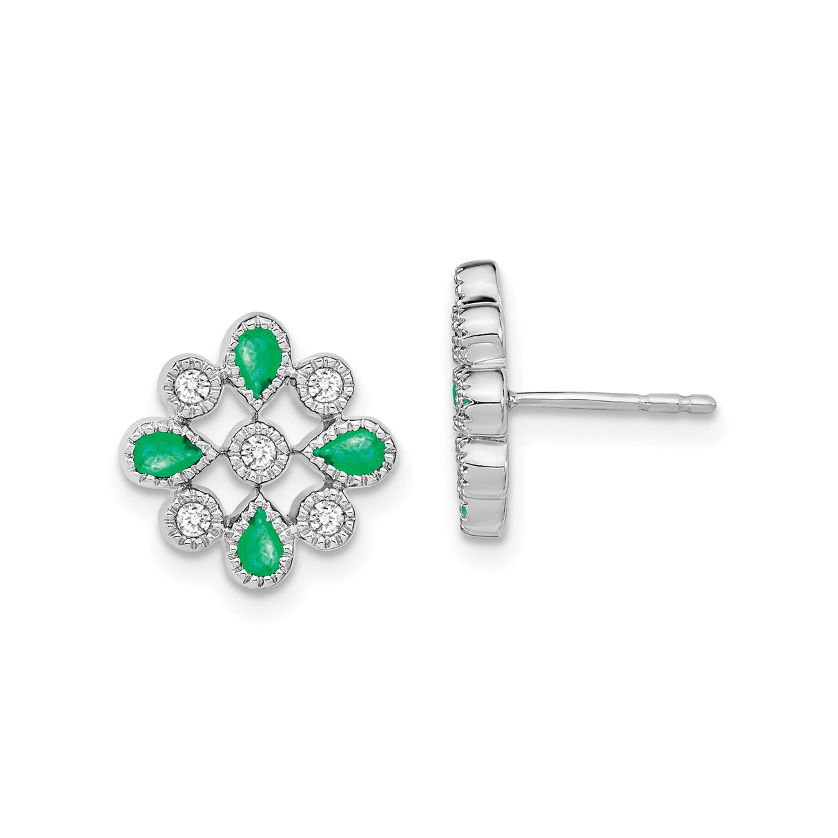 14k White Gold Stud Earrings with Pear Shaped Emeralds and Round Diamonds in Floral Design