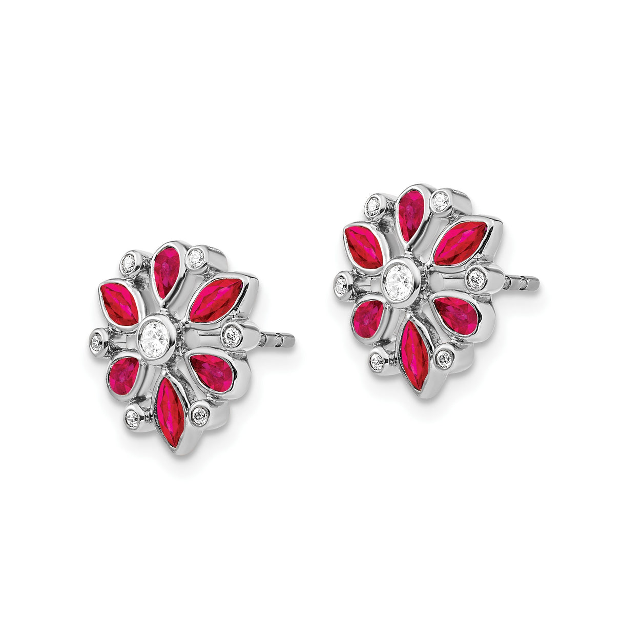 14k White Gold Stud Earrings with Ruby Gemstones, Floral Snowflake Design for Women