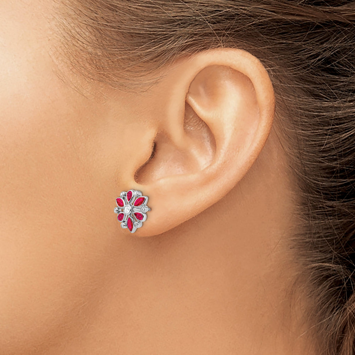 14k White Gold Stud Earrings with Ruby Gemstones, Floral Snowflake Design for Women