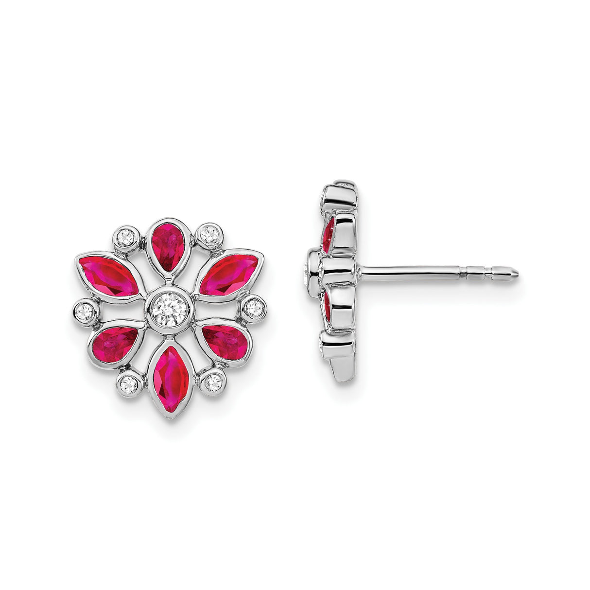 14k White Gold Stud Earrings with Ruby Gemstones, Floral Snowflake Design for Women