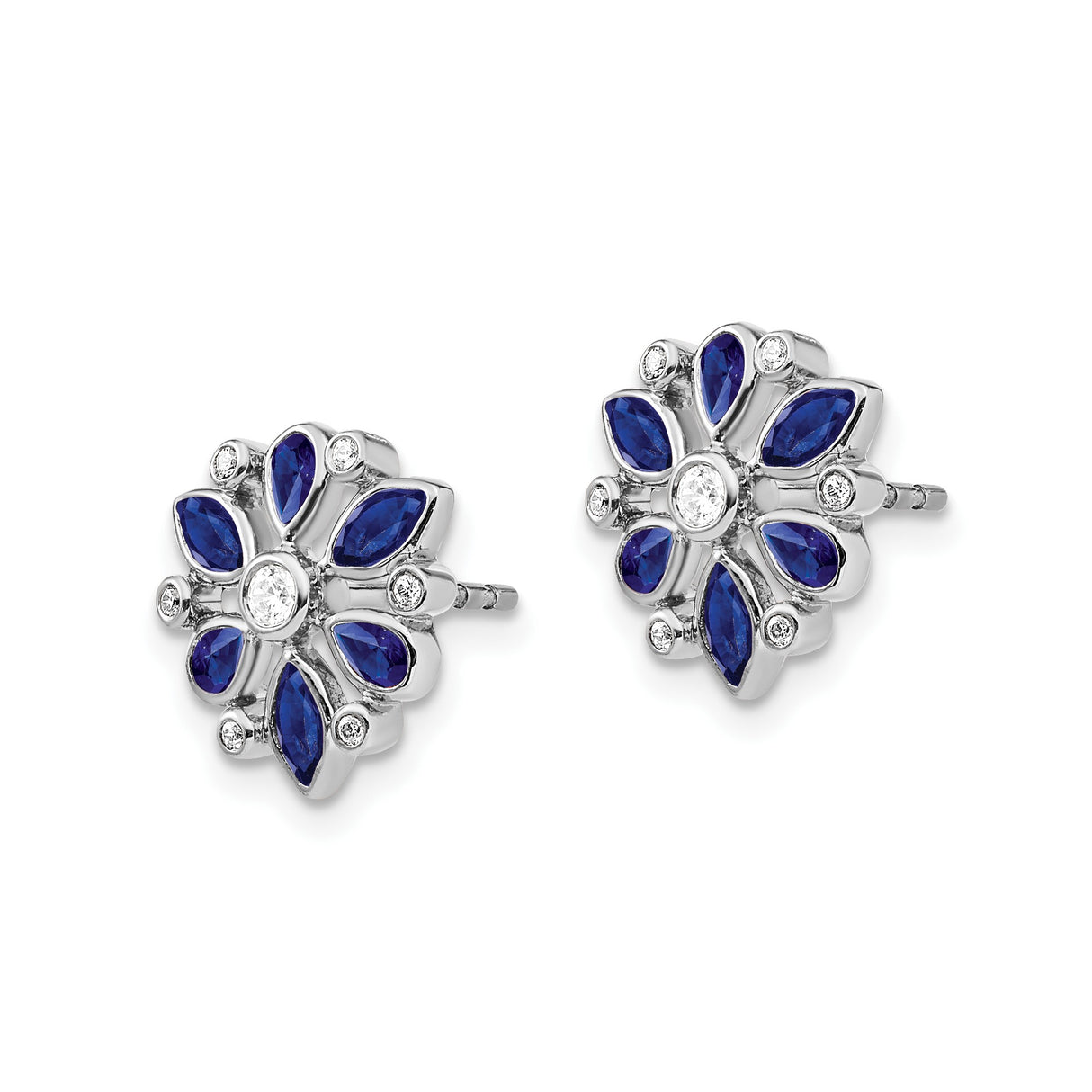 14k White Gold Floral Stud Earrings with Blue Sapphires and Diamonds in Snowflake Design