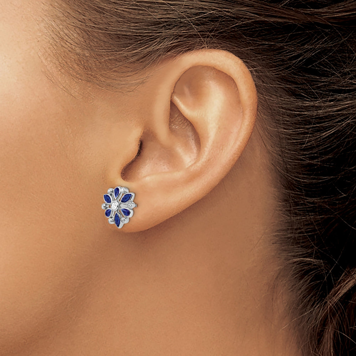 14k White Gold Floral Stud Earrings with Blue Sapphires and Diamonds in Snowflake Design