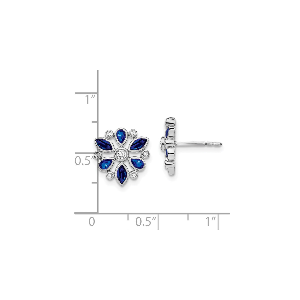 14k White Gold Floral Stud Earrings with Blue Sapphires and Diamonds in Snowflake Design