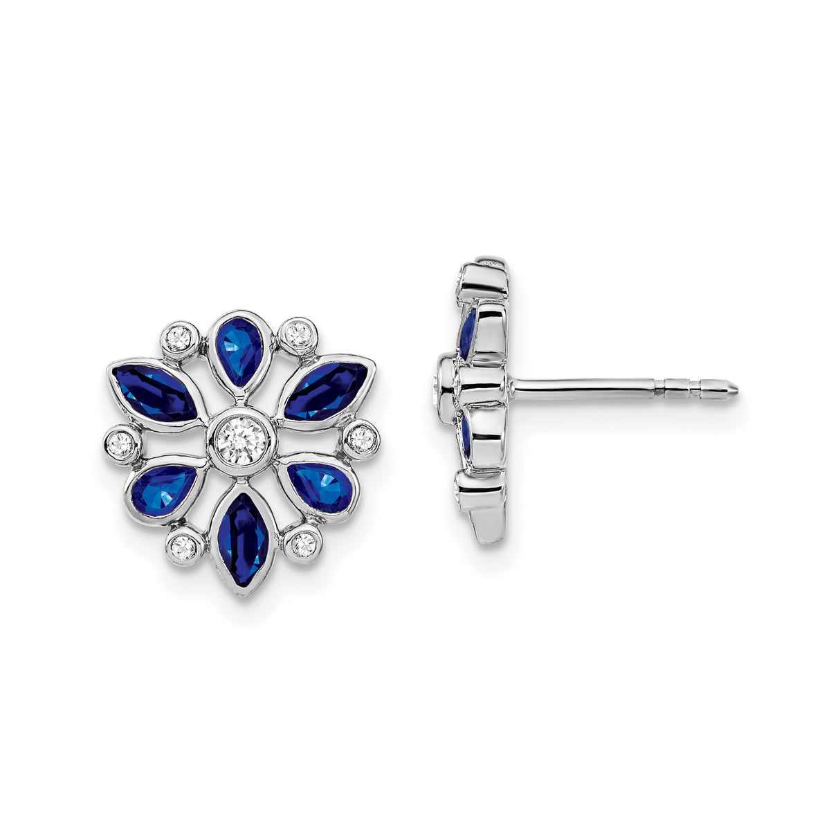 14k White Gold Floral Stud Earrings with Blue Sapphires and Diamonds in Snowflake Design