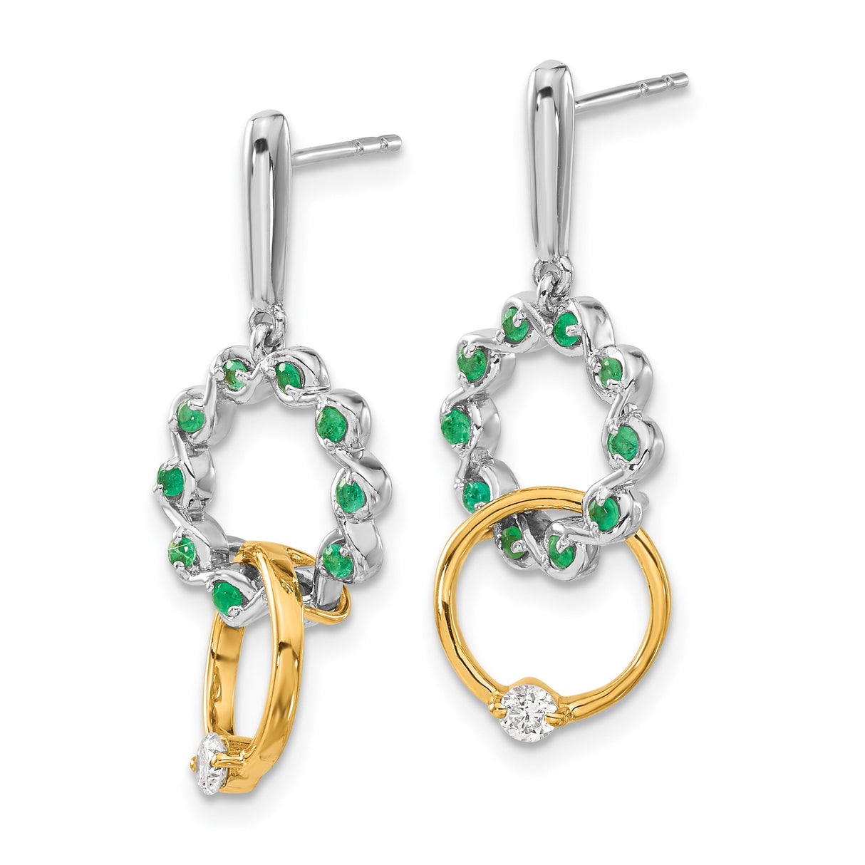14k Yellow Gold Dangle Earrings with Emerald and Diamond, Interlocking Circles, Modern Design