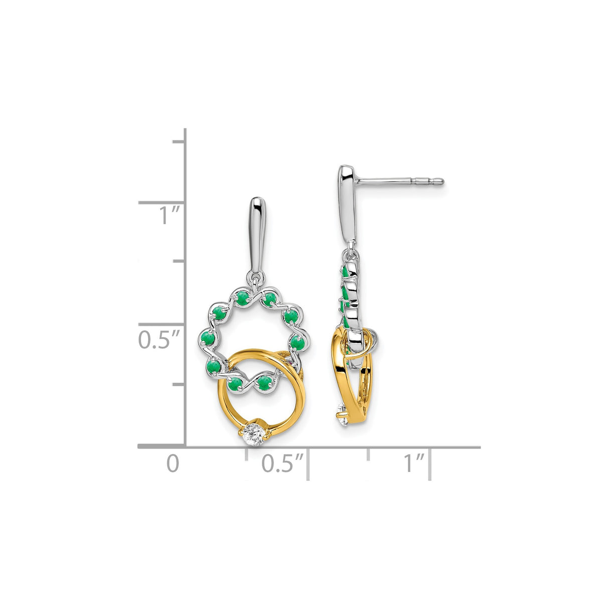 14k Yellow Gold Dangle Earrings with Emerald and Diamond, Interlocking Circles, Modern Design