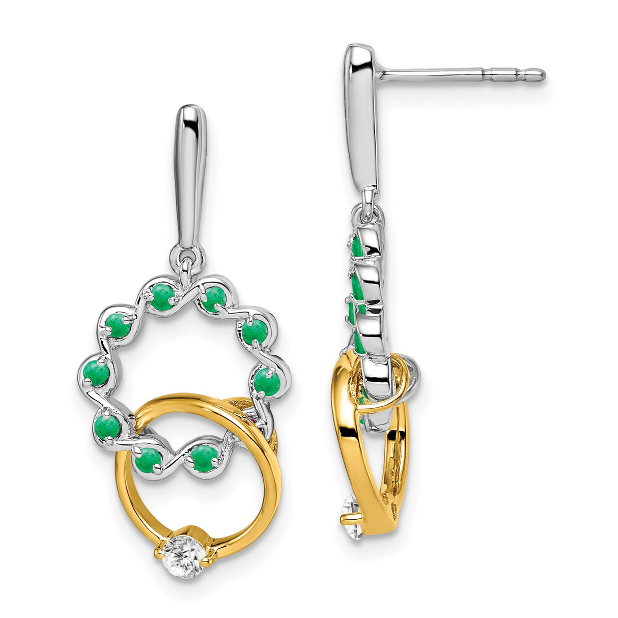 14k Yellow Gold Dangle Earrings with Emerald and Diamond, Interlocking Circles, Modern Design