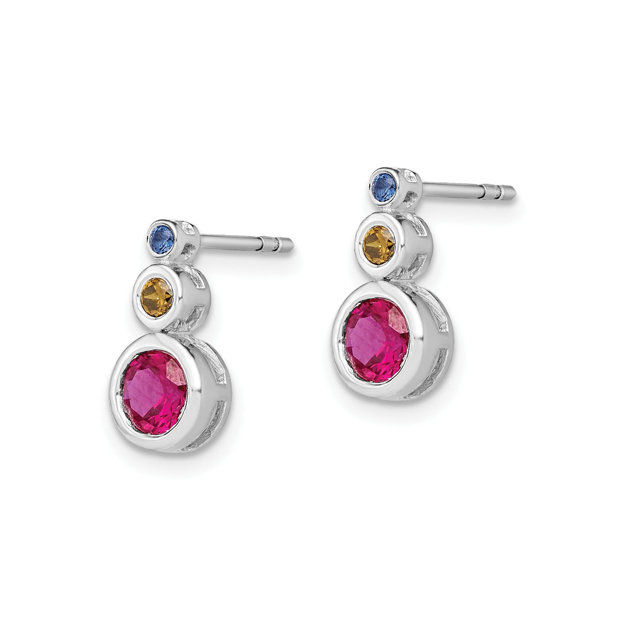14k White Gold Stud Earrings with Ruby and Emerald Cascading Triple Gemstones