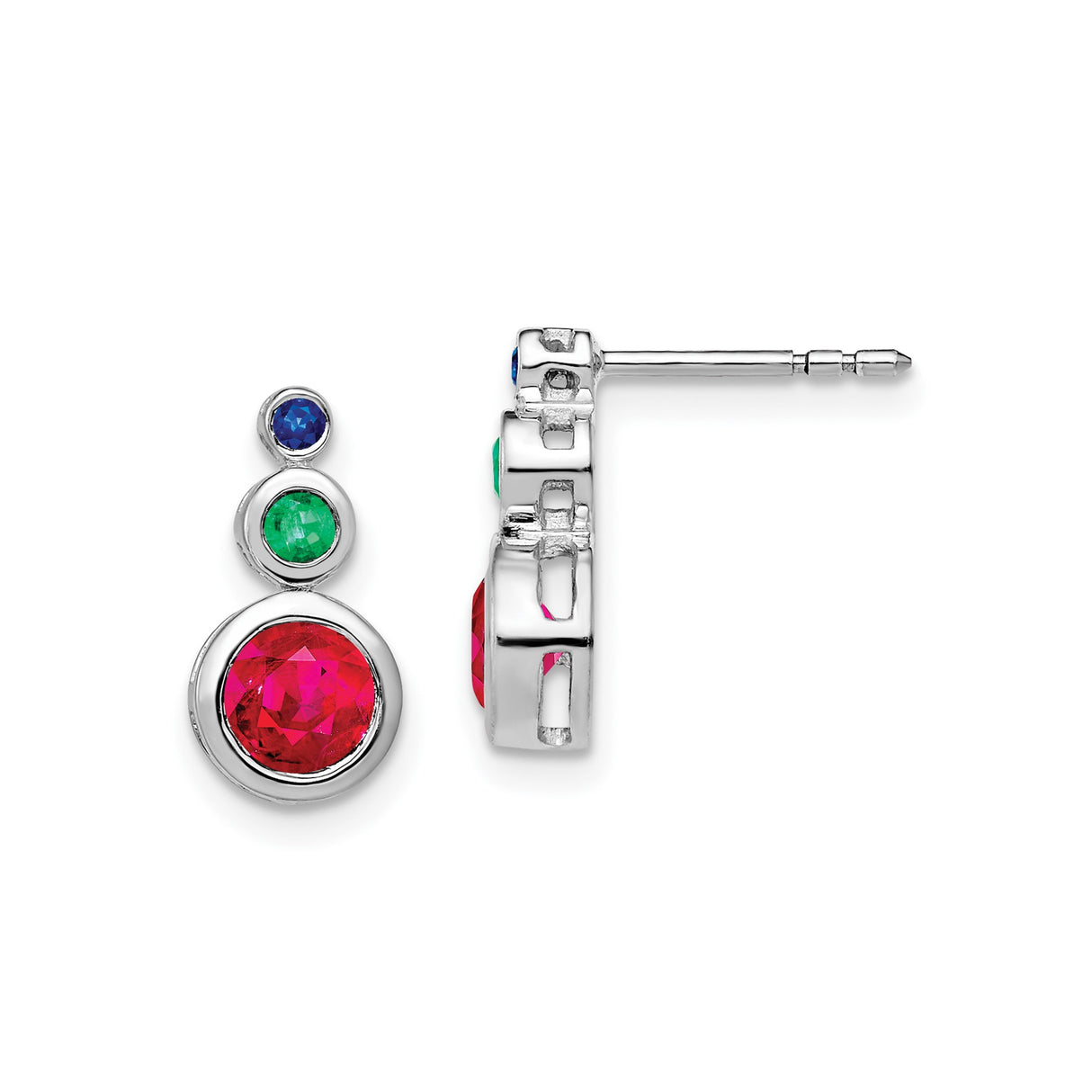 14k White Gold Stud Earrings with Ruby and Emerald Cascading Triple Gemstones