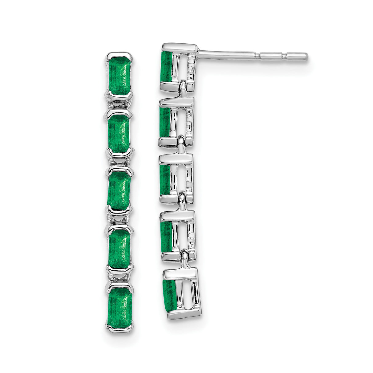 14k White Gold Drop Earrings with Emerald, Rectangle Cut, Vertical Link Design for Women