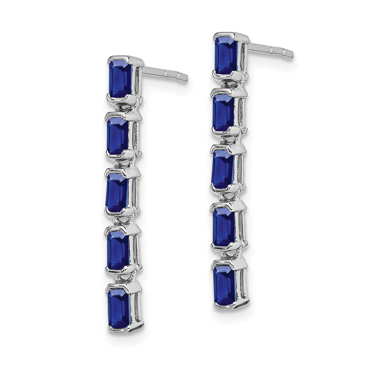 14k White Gold Drop Earrings with Blue Sapphire Baguettes in Modern Linear Design