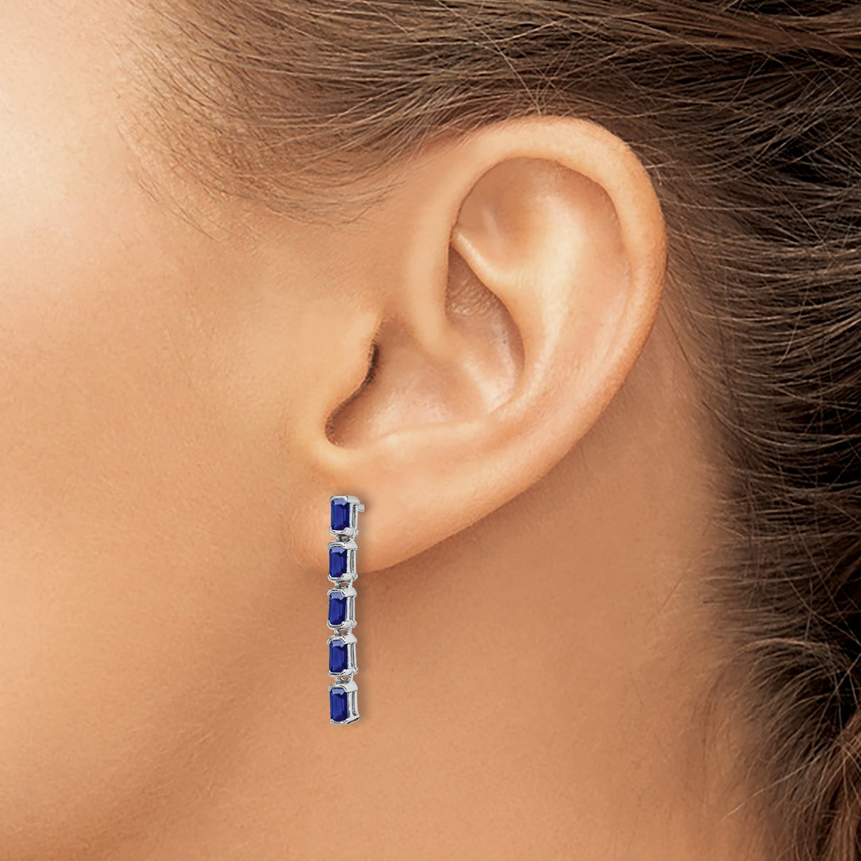 14k White Gold Drop Earrings with Blue Sapphire Baguettes in Modern Linear Design