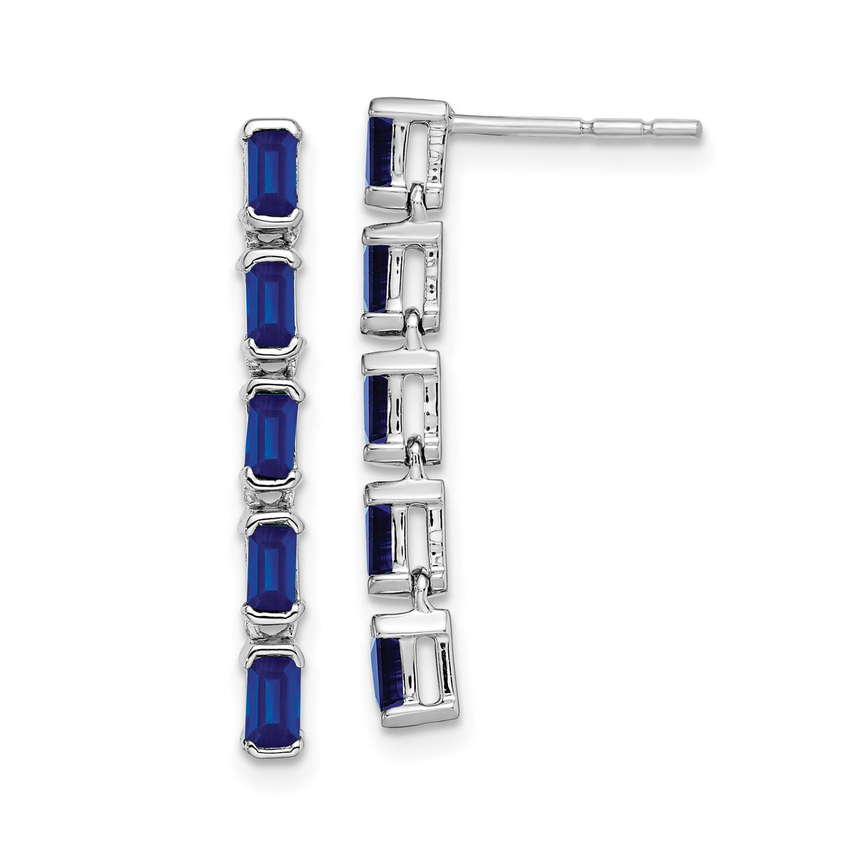 14k White Gold Drop Earrings with Blue Sapphire Baguettes in Modern Linear Design