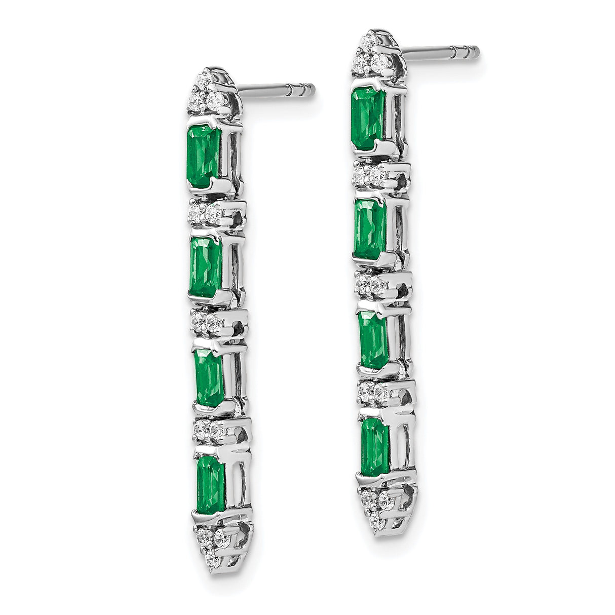 14k White Gold Drop Earrings with Baguette Emeralds and Round Diamonds, Linear Dangle Design