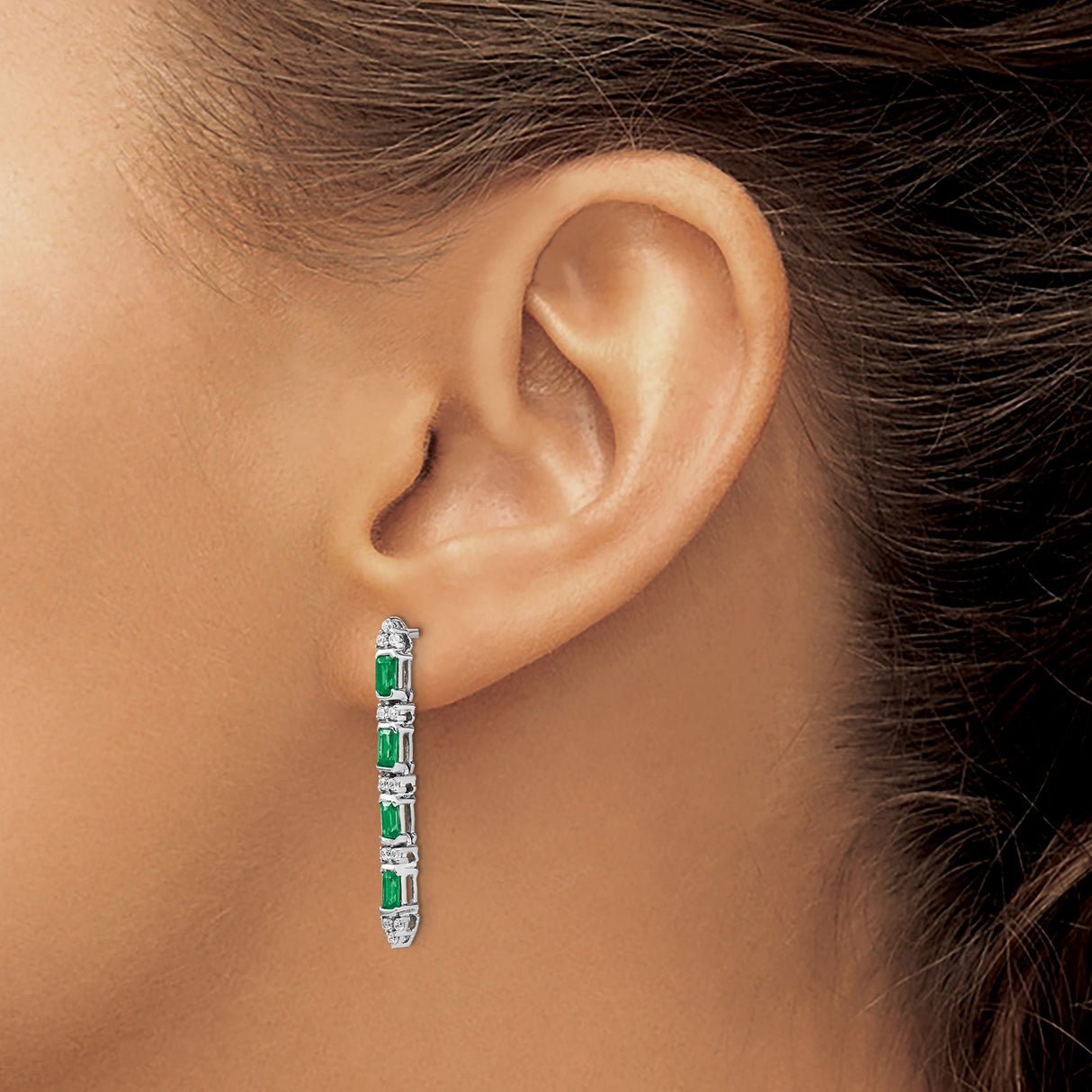14k White Gold Drop Earrings with Baguette Emeralds and Round Diamonds, Linear Dangle Design