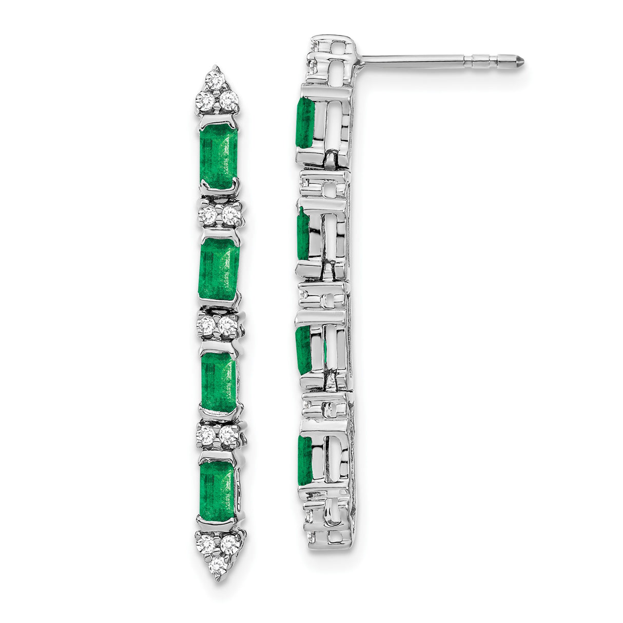 14k White Gold Drop Earrings with Baguette Emeralds and Round Diamonds, Linear Dangle Design