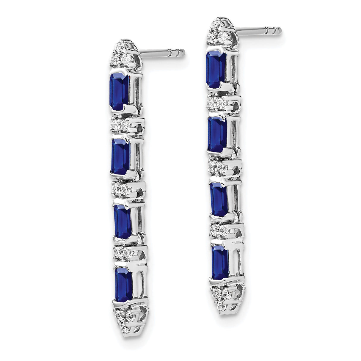 14k White Gold Drop Earrings with Baguette Blue Sapphires and Round Diamonds, Linear Dangle Style