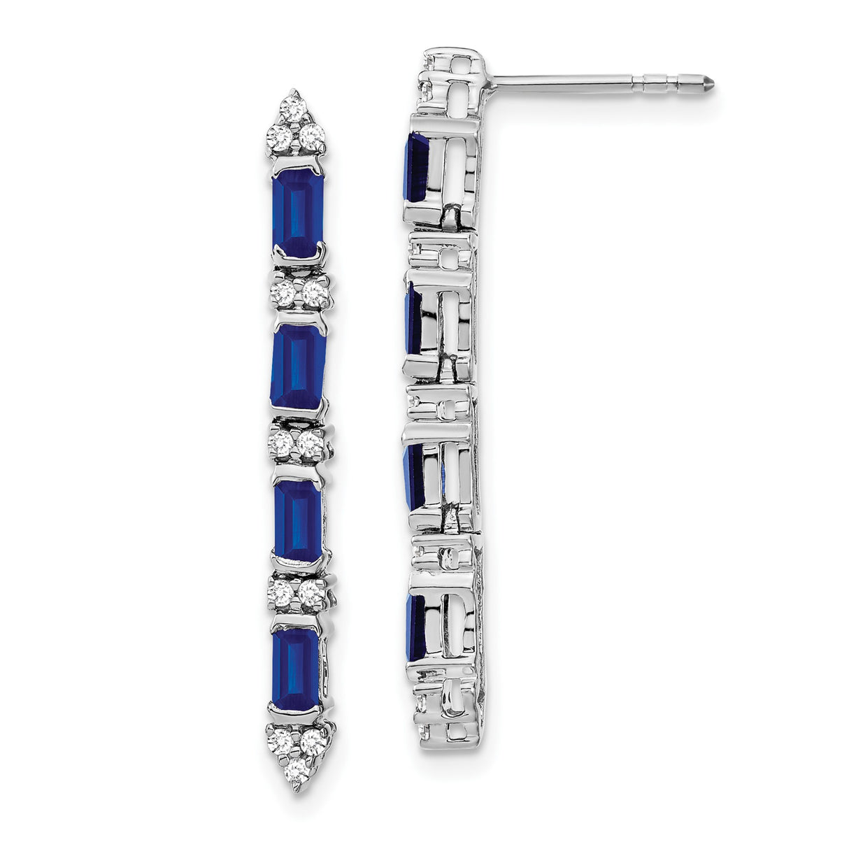 14k White Gold Drop Earrings with Baguette Blue Sapphires and Round Diamonds, Linear Dangle Style