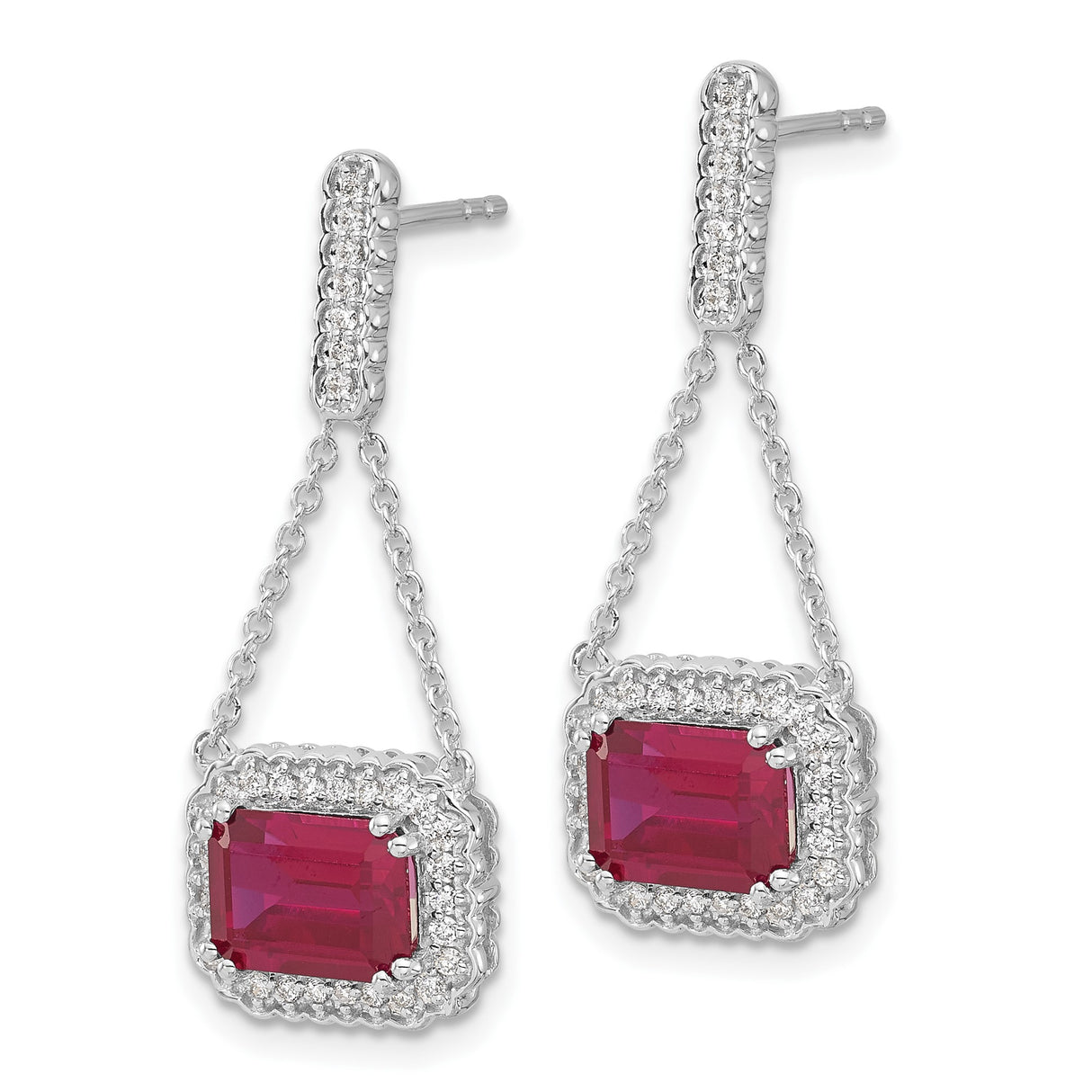 14k White Gold Dangle Earrings with Created Ruby, Diamond Halo, Pavé Bar and Chain Drop Design