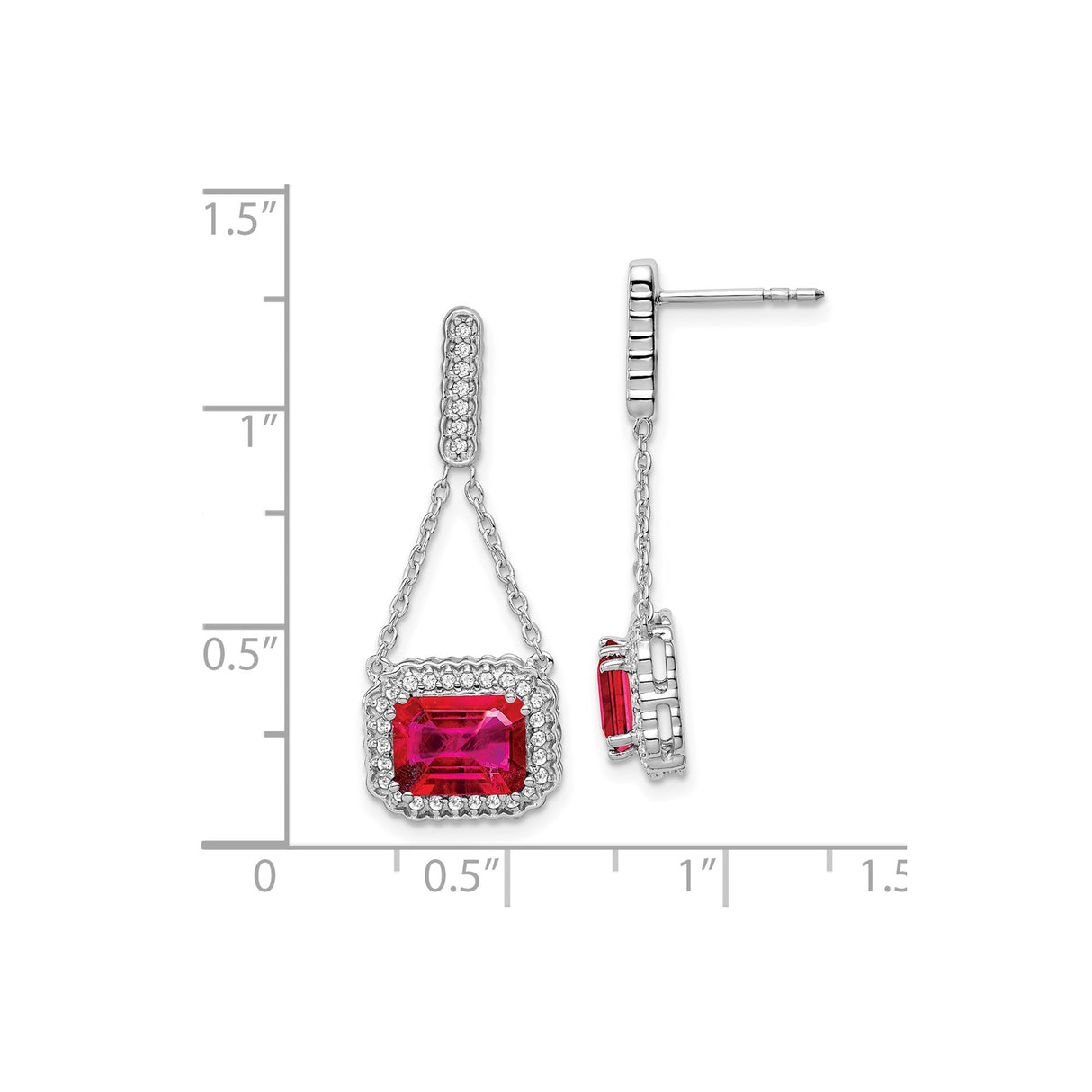 14k White Gold Dangle Earrings with Created Ruby, Diamond Halo, Pavé Bar and Chain Drop Design