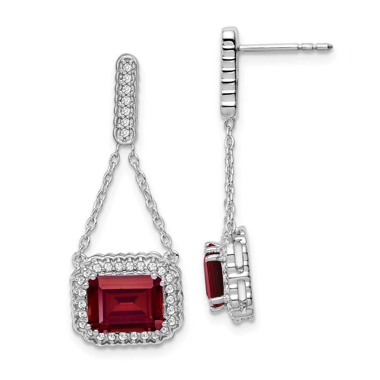 14k White Gold Dangle Earrings with Created Ruby, Diamond Halo, Pavé Bar and Chain Drop Design
