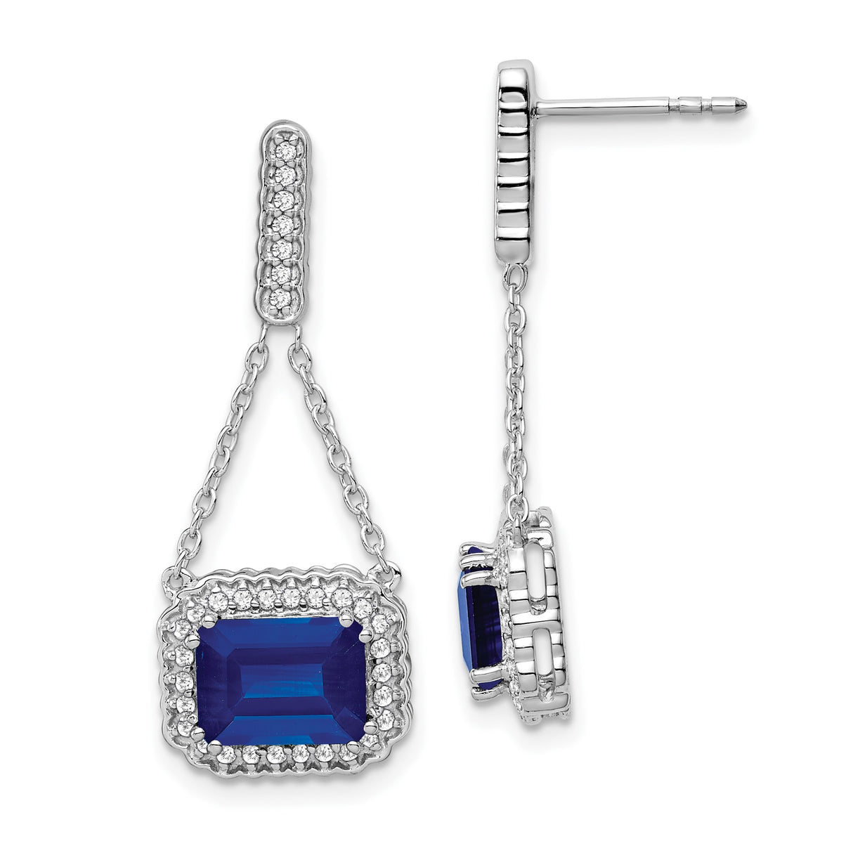 14k White Gold Drop Earrings with Created Sapphire and Diamond Accents, Polished Finish