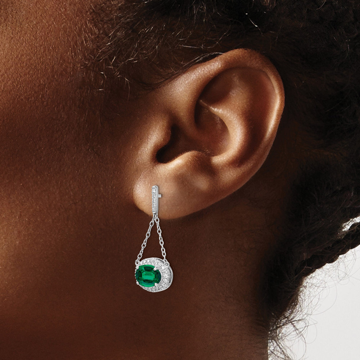 14k White Gold Dangle Earrings Created Emerald with Diamond Accents, Halo Setting and Chain Drop Design