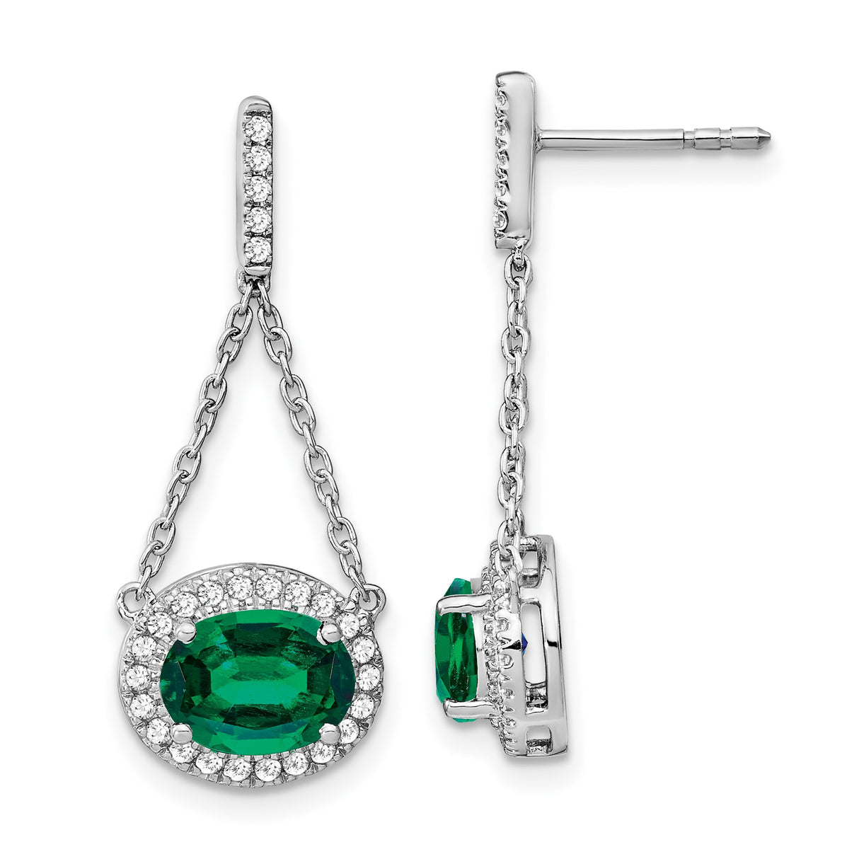 14k White Gold Dangle Earrings with Created Emerald, Halo Setting and Chain Drop Design