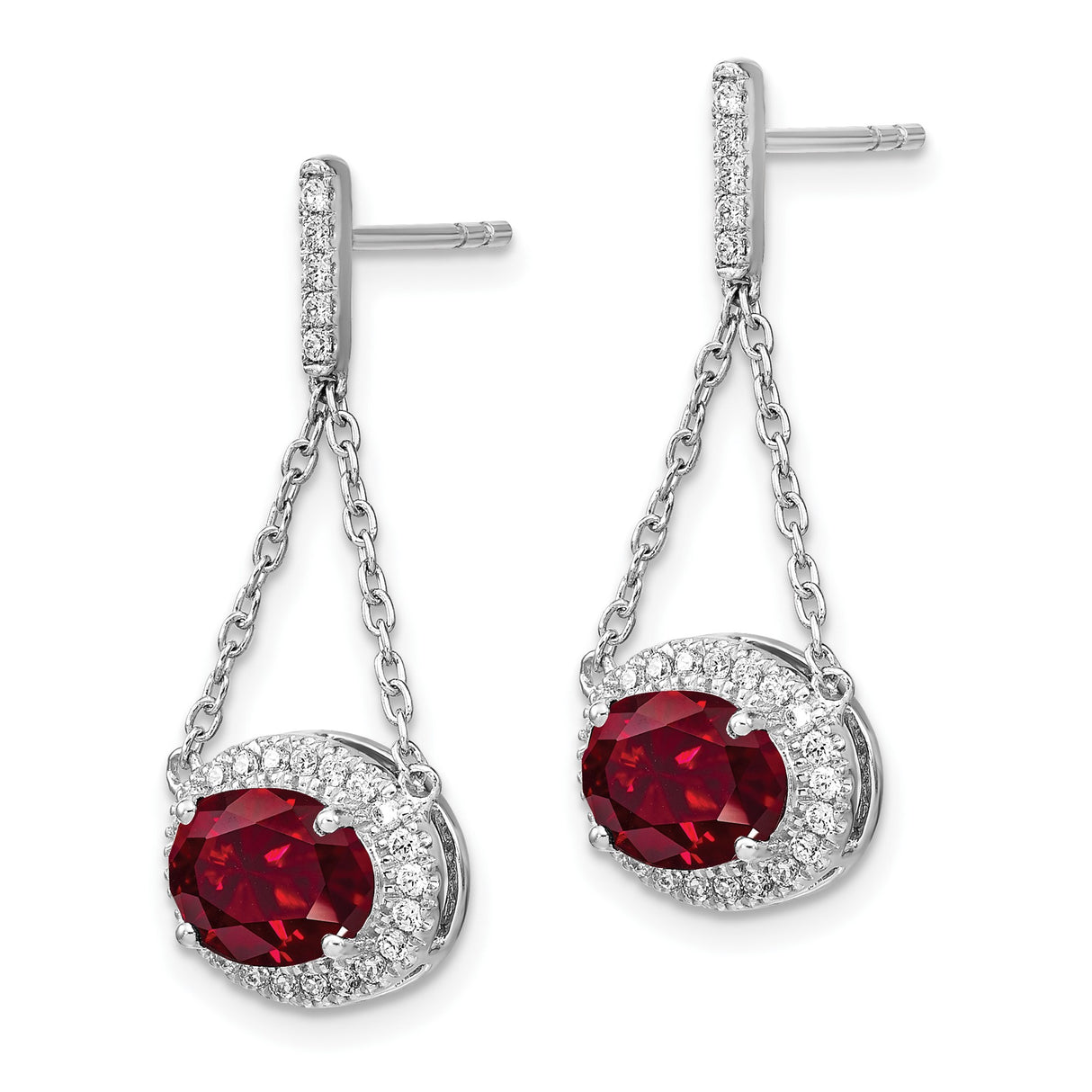 14k White Gold Dangle Earrings with Created Ruby and Diamond Halo Chain Link Design