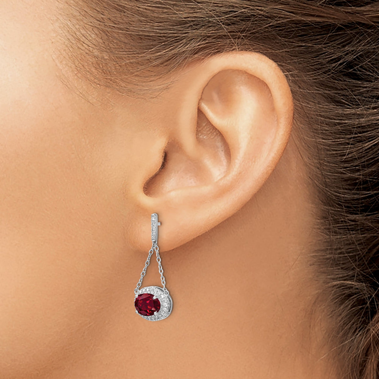 14k White Gold Dangle Earrings with Created Ruby and Diamond Halo Chain Link Design
