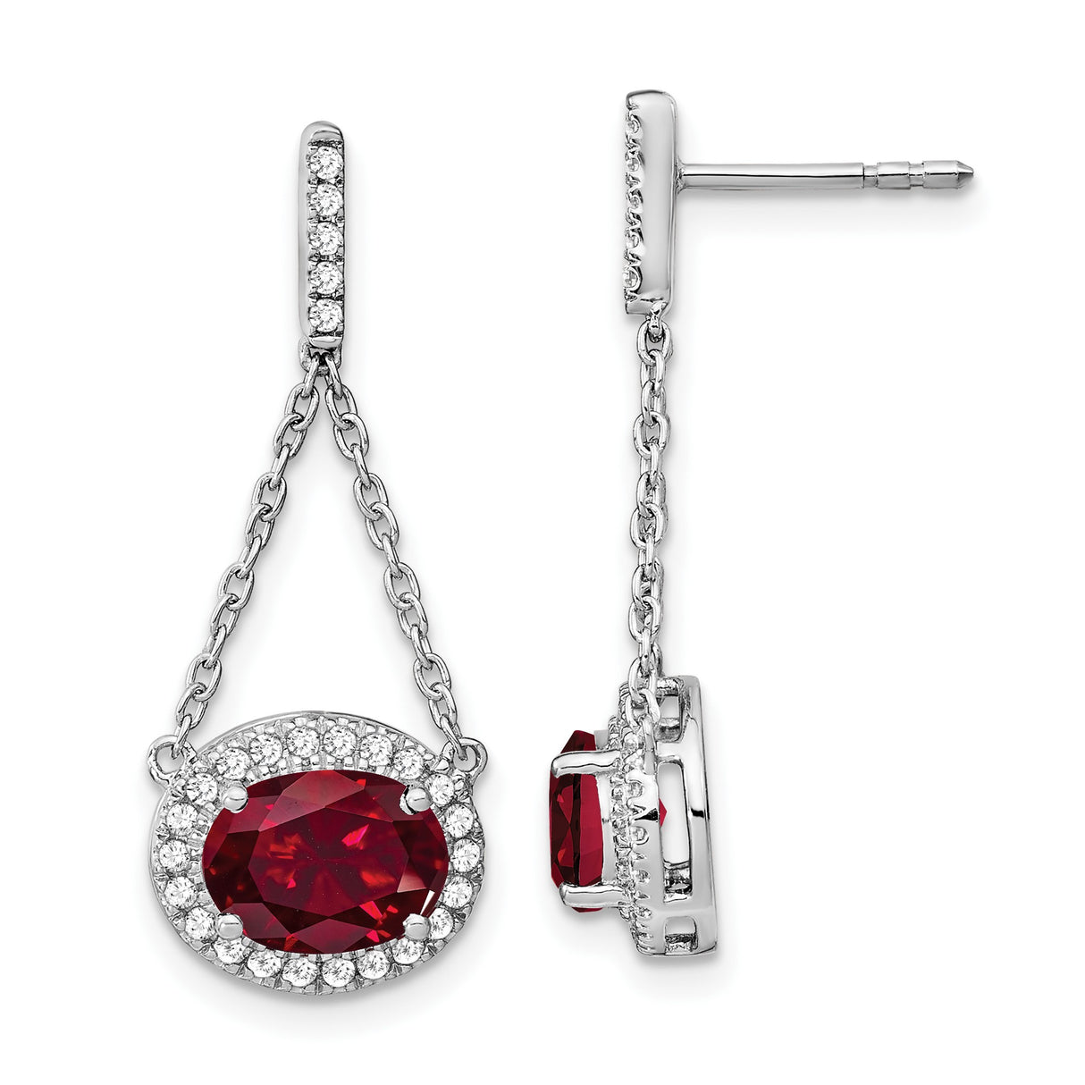 14k White Gold Dangle Earrings with Created Ruby and Diamond Halo Chain Link Design