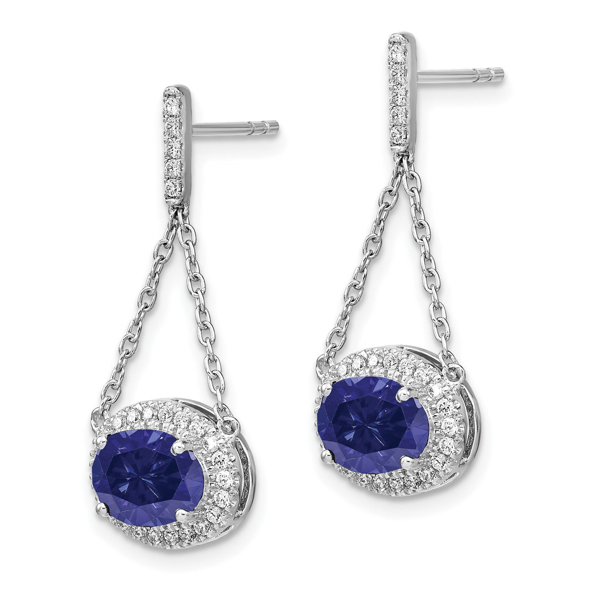 14k White Gold Dangle Earrings with Created Sapphire and Diamond Halo Drop Design
