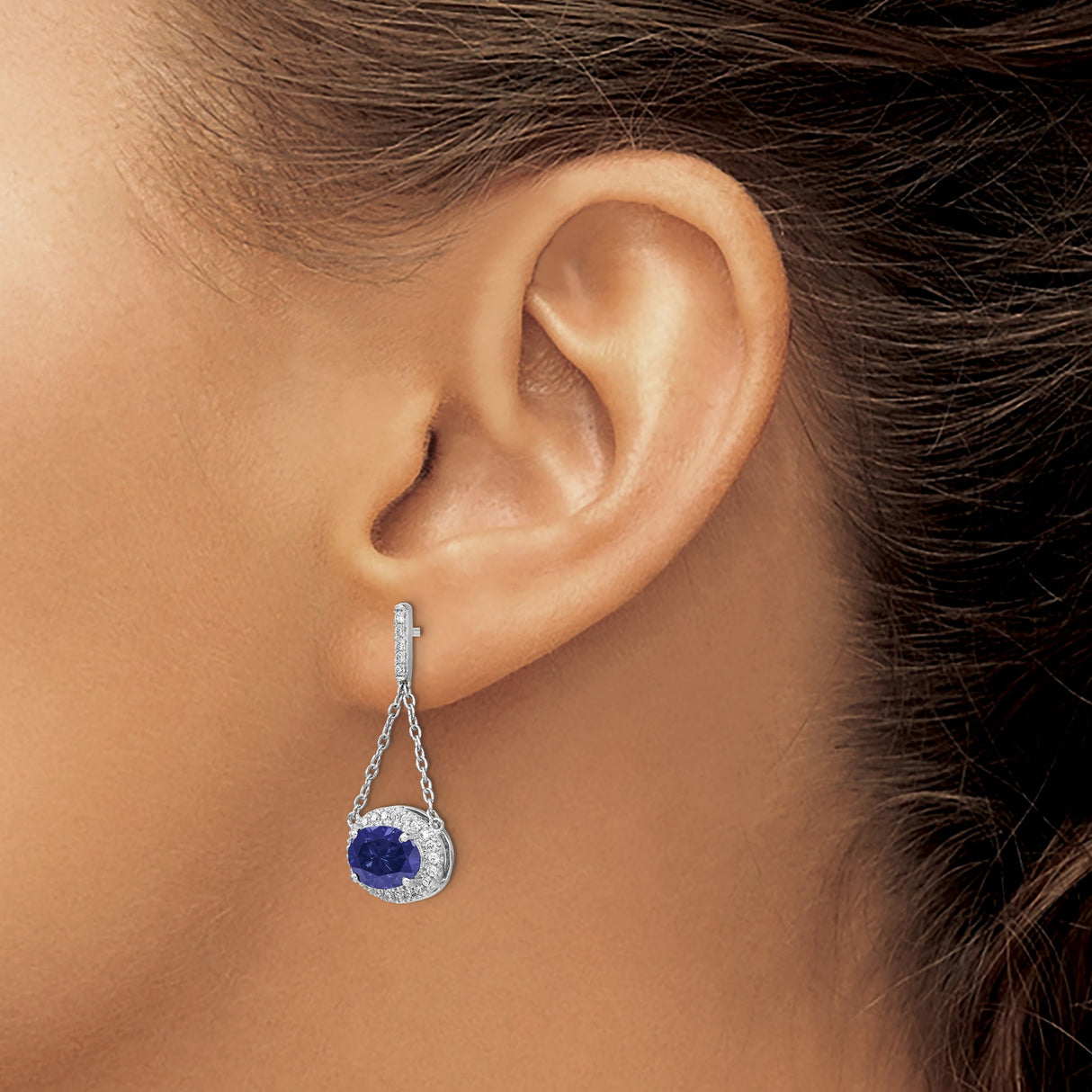 14k White Gold Dangle Earrings with Created Sapphire and Diamond Halo Drop Design