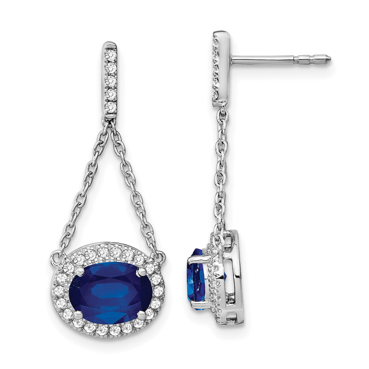 14k White Gold Dangle Earrings with Created Sapphire and Diamond Halo Drop Design