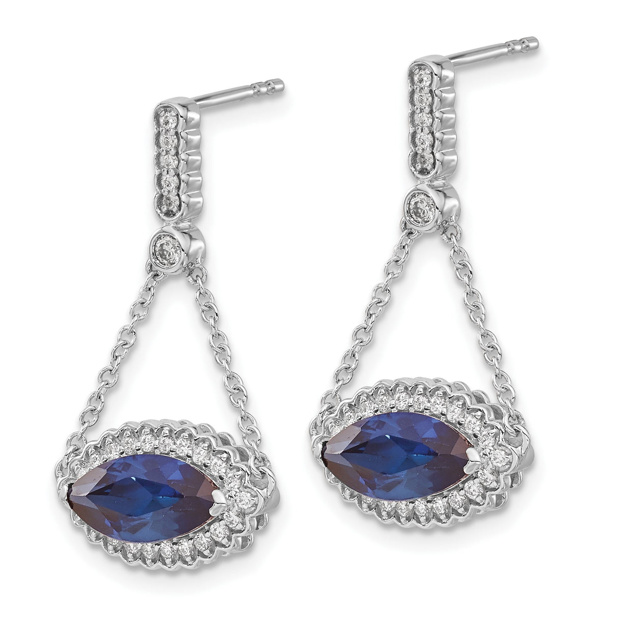 14k White Gold Dangle Earrings with Created Sapphire, Diamond Halo and Chain Drop Design