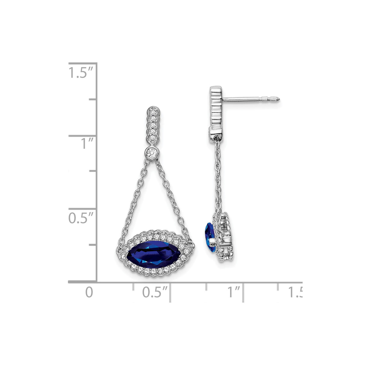 14k White Gold Dangle Earrings with Created Sapphire, Diamond Halo and Chain Drop Design