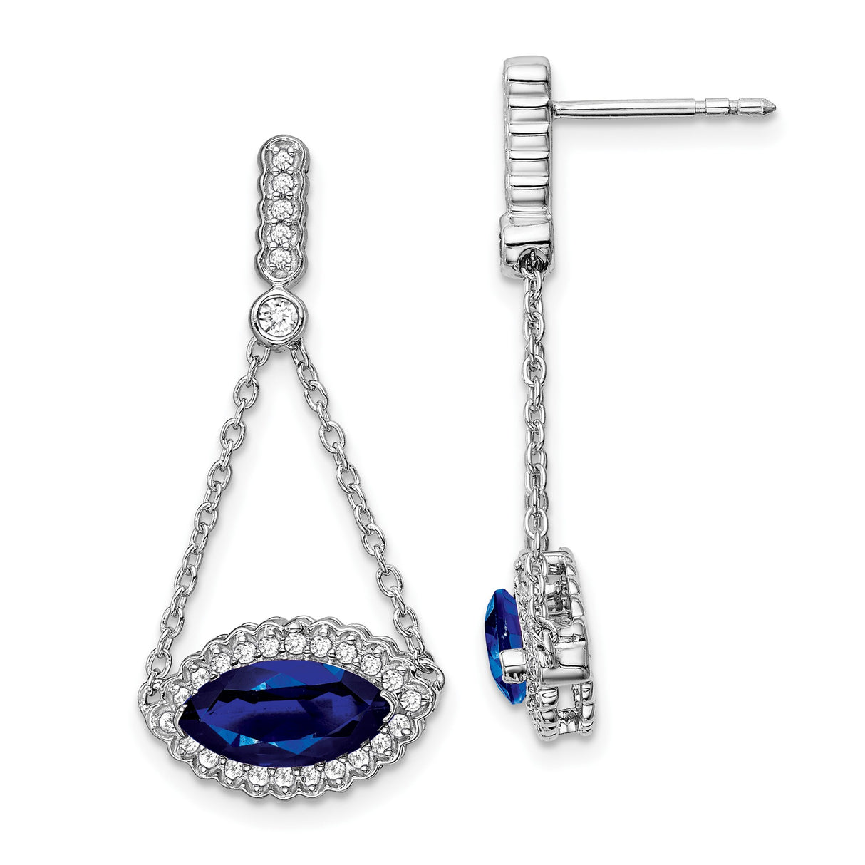 14k White Gold Dangle Earrings with Created Sapphire, Diamond Halo and Chain Drop Design