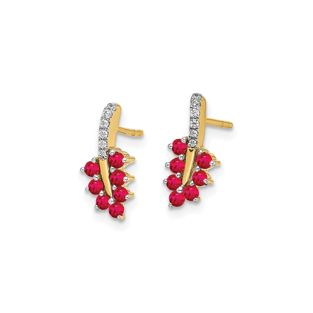 14k Yellow Gold Leaf Stud Earrings with Ruby, Nature Inspired Floral Design for Women