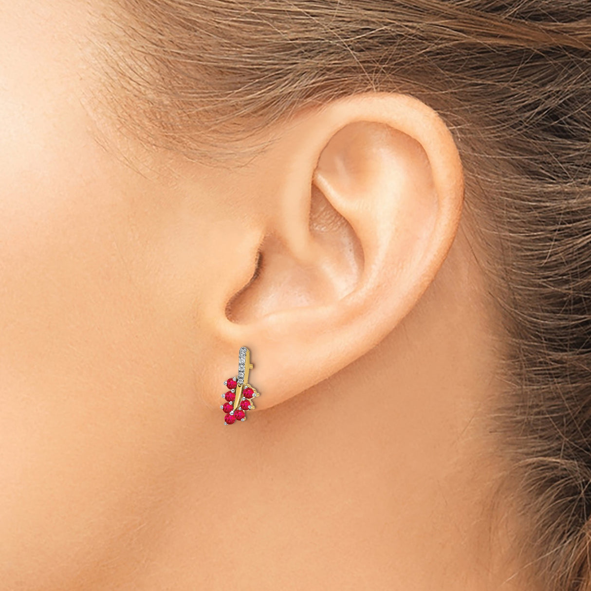 14k Yellow Gold Leaf Stud Earrings with Ruby, Nature Inspired Floral Design for Women
