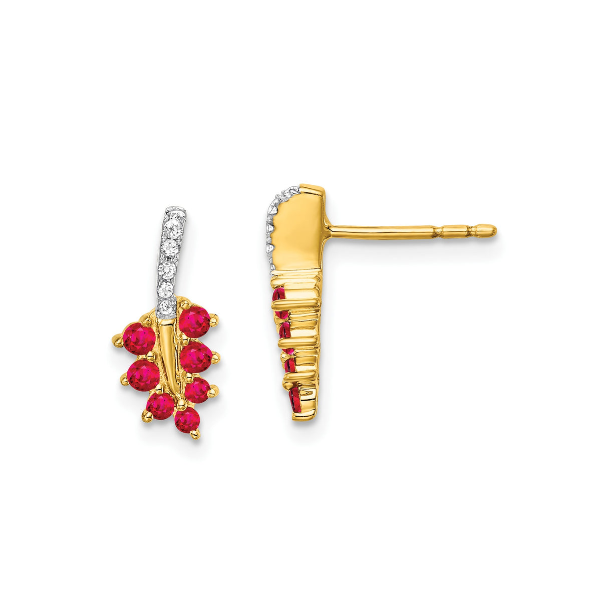 14k Yellow Gold Leaf Stud Earrings with Ruby, Nature Inspired Floral Design for Women