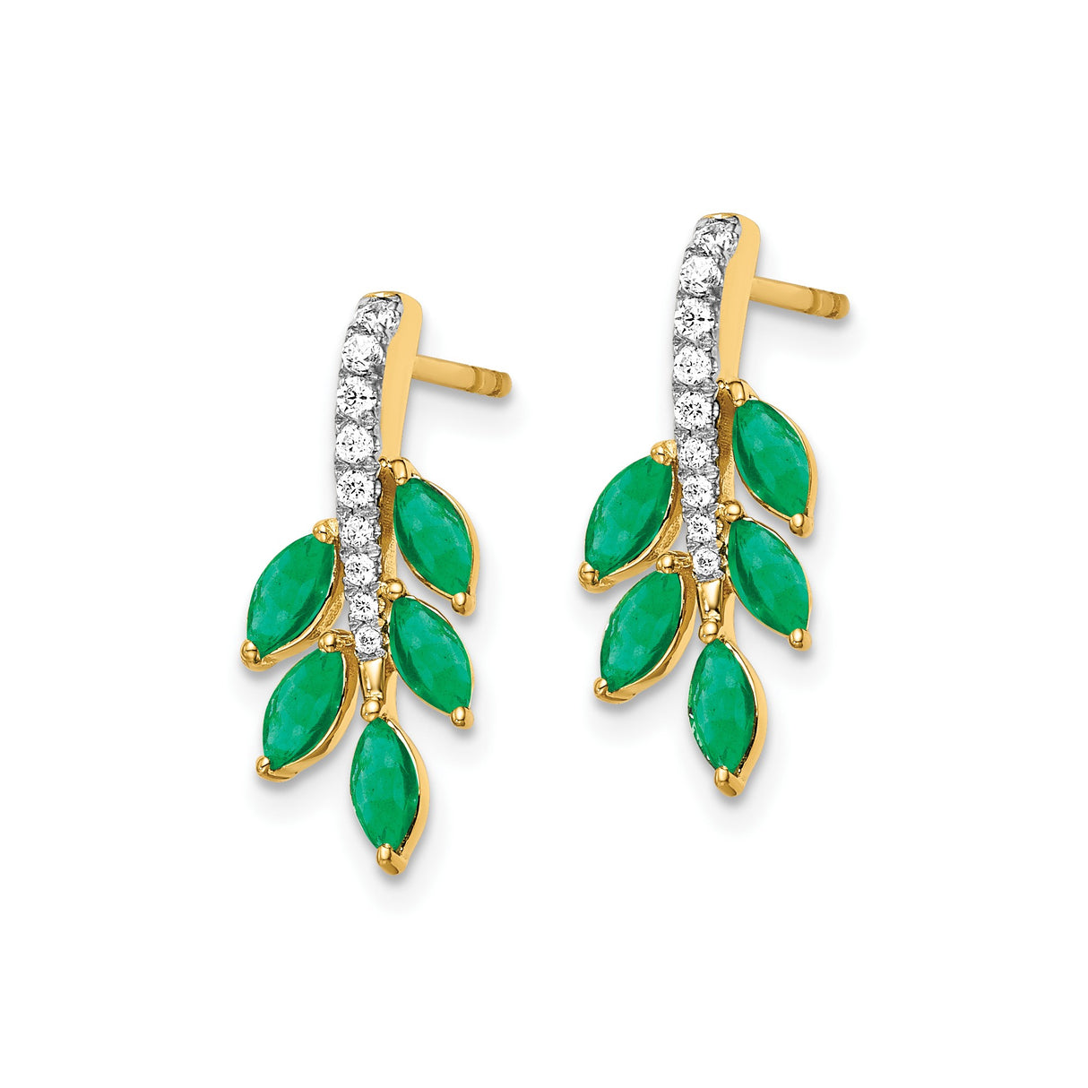 14k Yellow Gold Stud Earrings with Marquise Cut Emeralds, Leaf Design and Diamond Accents