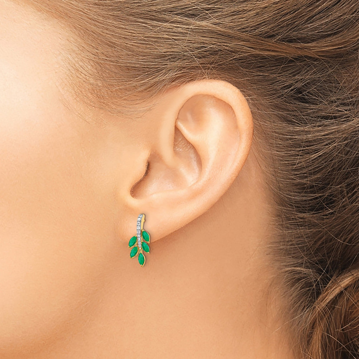 14k Yellow Gold Stud Earrings with Marquise Cut Emeralds, Leaf Design and Diamond Accents