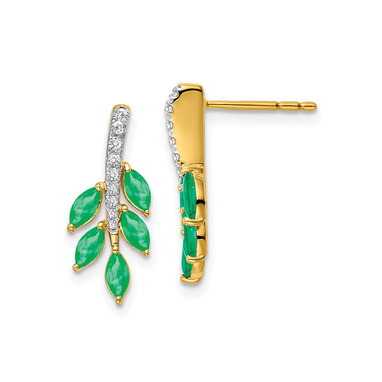 14k Yellow Gold Stud Earrings with Marquise Cut Emeralds, Leaf Design and Diamond Accents