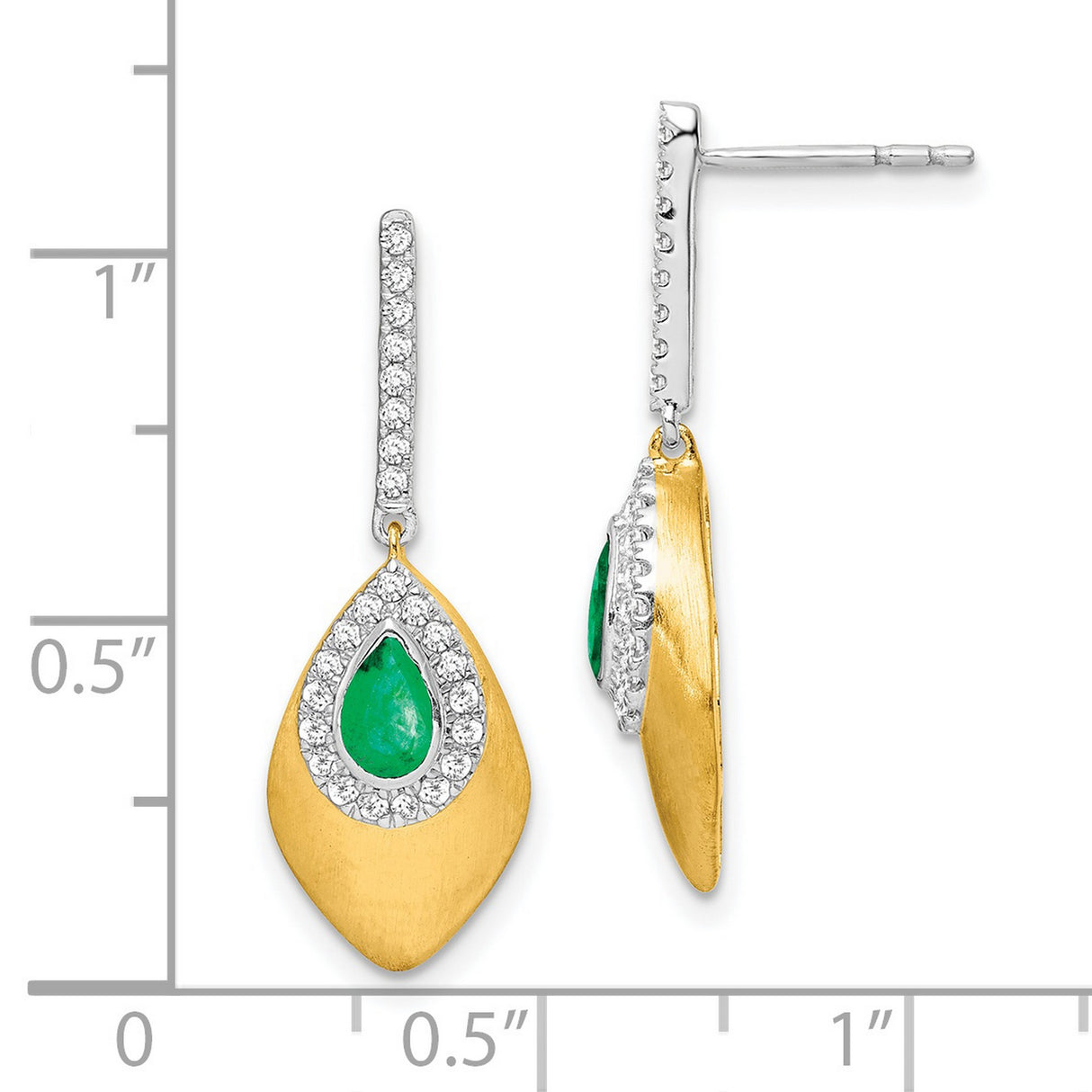 14k Yellow Gold Drop Earrings with Emerald and Diamond, Two-Tone Teardrop Design for Women