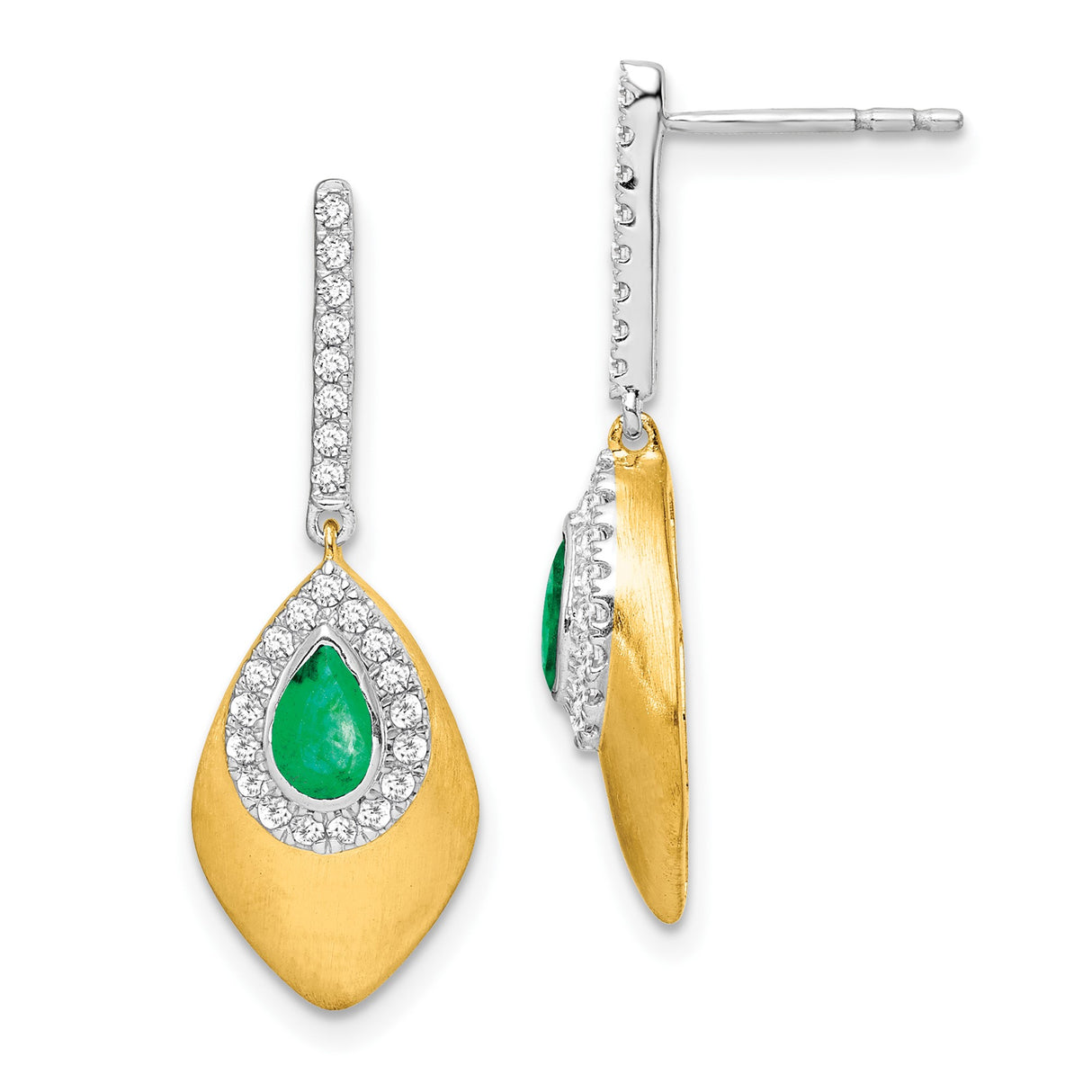 14k Yellow Gold Drop Earrings with Emerald and Diamond, Two-Tone Teardrop Design for Women