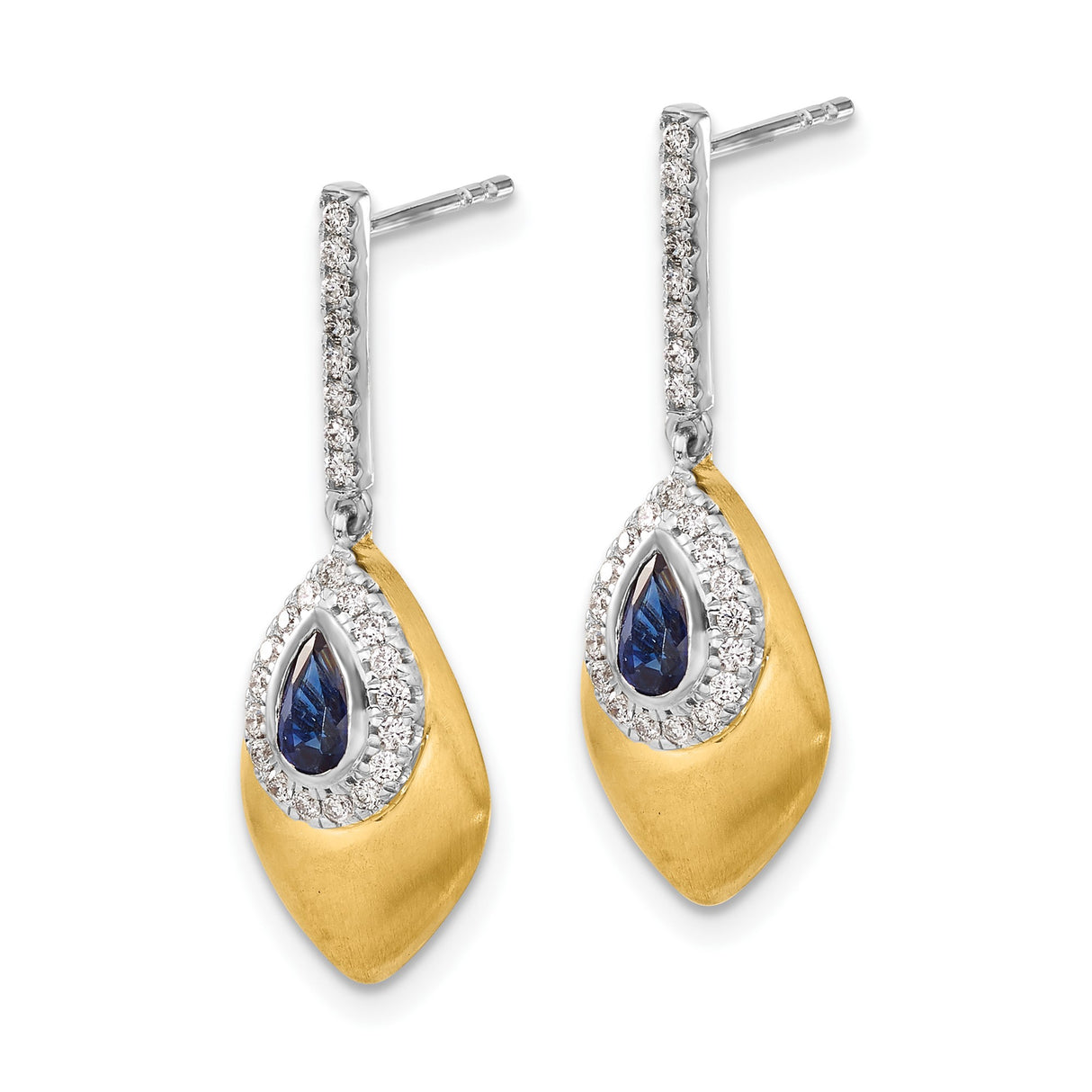 14k Yellow Gold Dangle Earrings with Sapphire and Diamond, Teardrop Brushed Design for Women