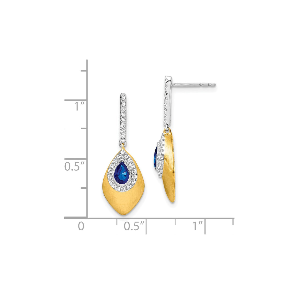 14k Yellow Gold Dangle Earrings with Sapphire and Diamond, Teardrop Brushed Design for Women